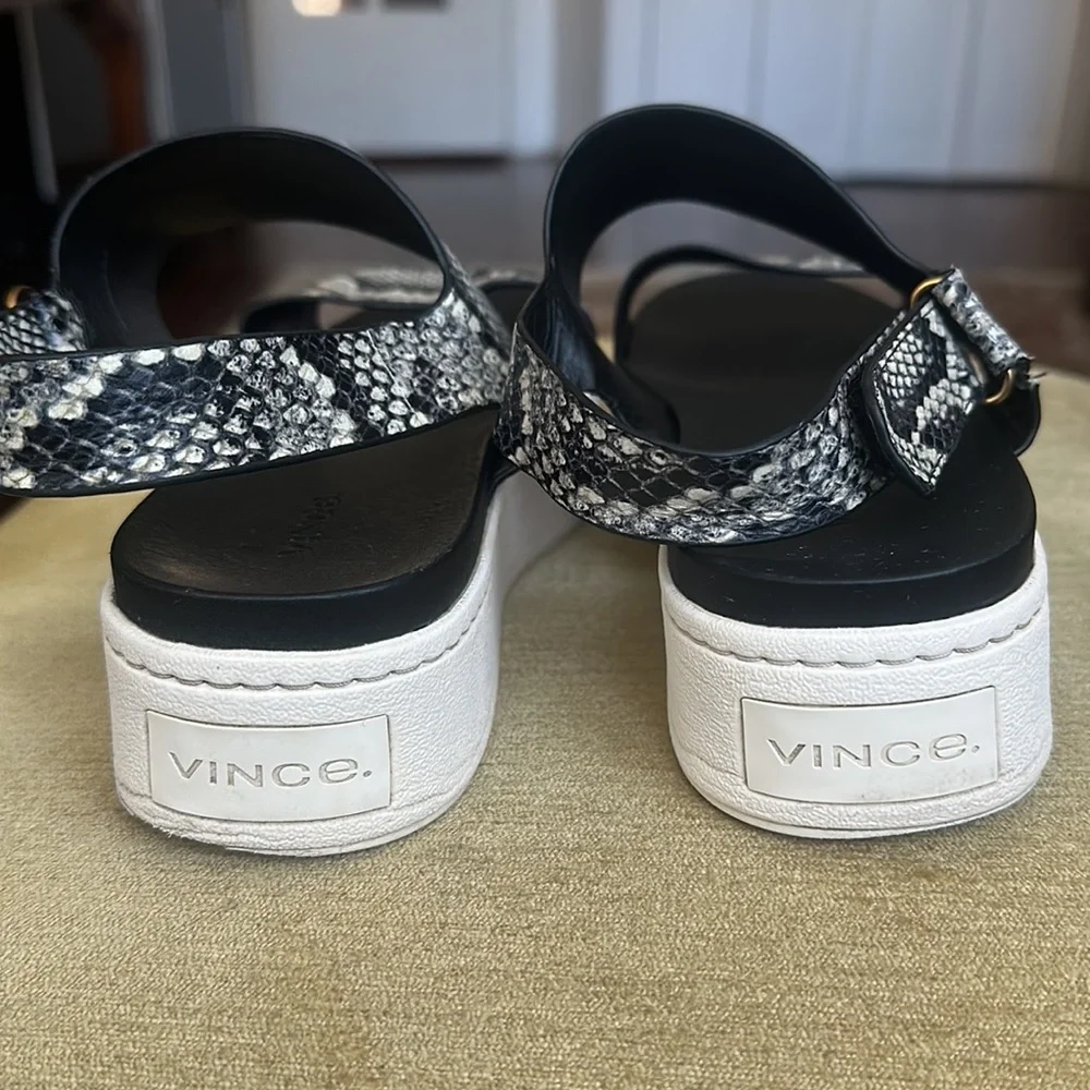 VINCE. Womens Black Snake Platform Comfort Wedge Leather Slingback Sandals 8.5